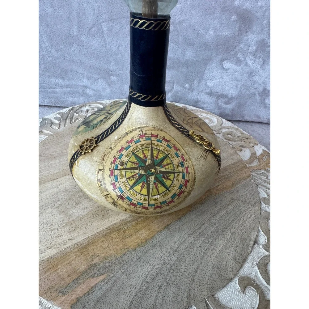 Vintage Italian Leather Wrapped Nautical Decanter Ship CompassWooden Stopper 11